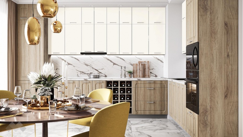 Кухня Марао крийм гланц със сонома и сонома арвен - изглед 1 - МебелМаг Кухня Марао крийм гланц със сонома и сонома арвен - изглед 1