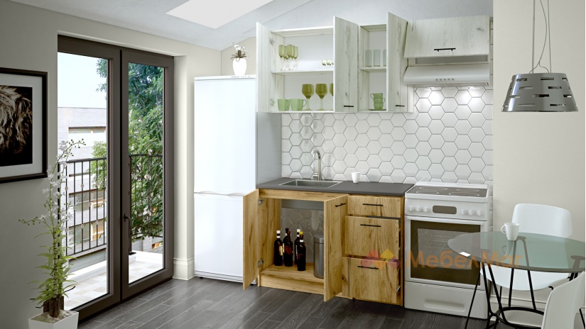 Кухня Никея 120 Н3 прави златен дъб с дъб крафт бял - изглед 2 - МебелМаг Кухня Никея 120 Н3 прави златен дъб с дъб крафт бял - изглед 2