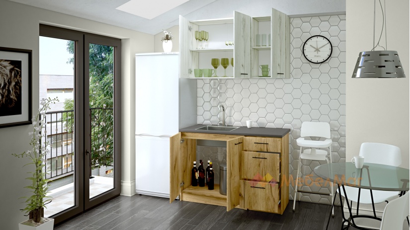 Кухня Никея 120 Н1 прави златен дъб с дъб крафт бял - изглед 2 - МебелМаг Кухня Никея 120 Н1 прави златен дъб с дъб крафт бял - изглед 2