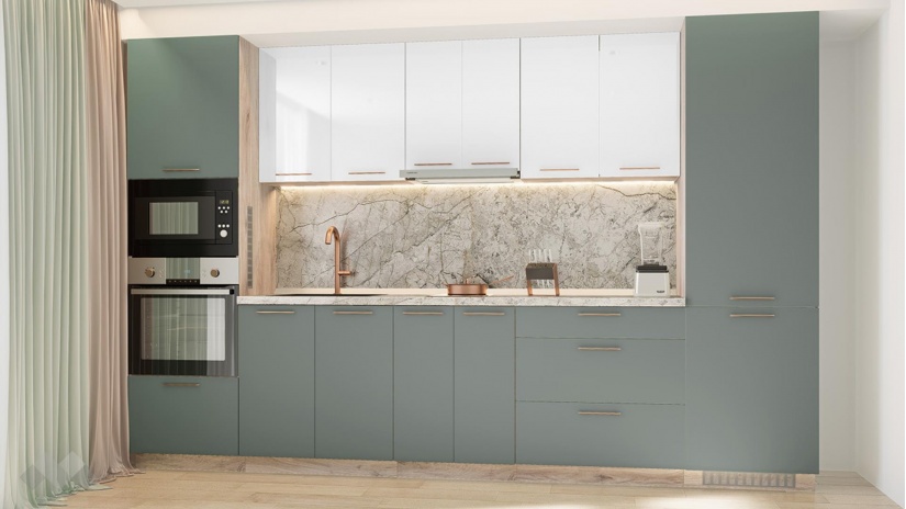 Кухня Осака прави олив мат с бял гланц и сонома арвен - изглед 2 - МебелМаг Кухня Осака прави олив мат с бял гланц и сонома арвен - изглед 2