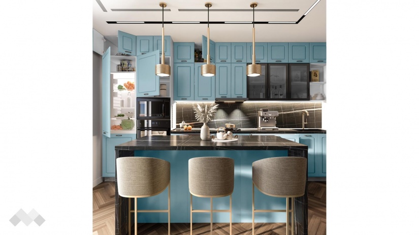 Кухня Овара с остров деним мат с бяло гладко - изглед 2 - МебелМаг Кухня Овара с остров деним мат с бяло гладко - изглед 2