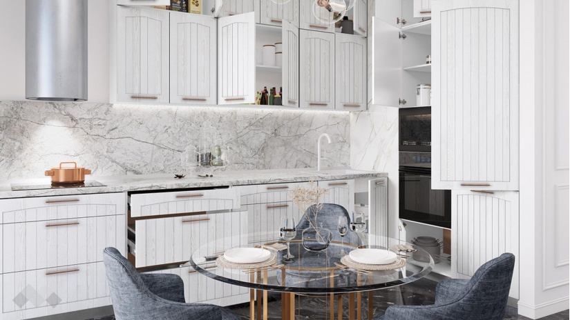 Кухня Сана бял фладер с бяло гладко - изглед 2 - МебелМаг Кухня Сана бял фладер с бяло гладко - изглед 2