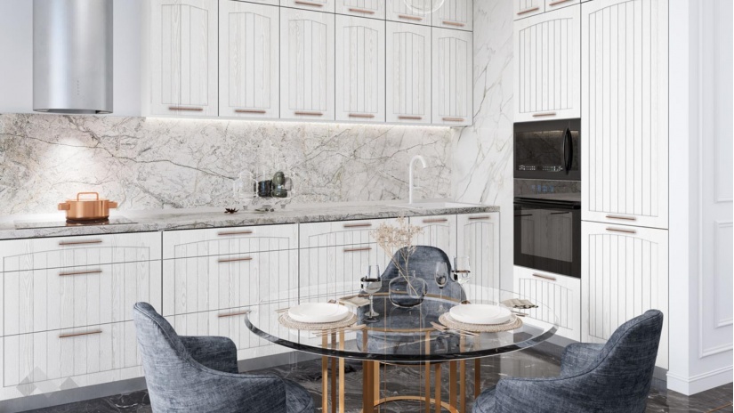 Кухня Сана бял фладер с бяло гладко - изглед 1 - МебелМаг Кухня Сана бял фладер с бяло гладко - изглед 1