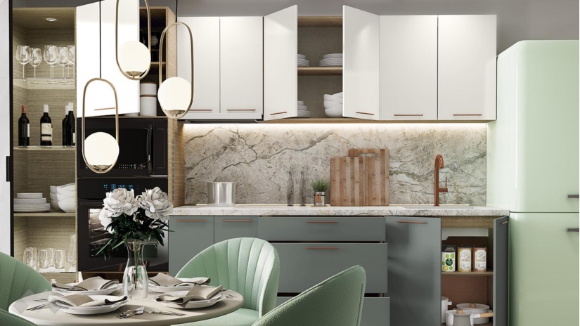 Кухня Сава олив мат с крийм гланц и мока - изглед 2 - МебелМаг Кухня Сава олив мат с крийм гланц и мока - изглед 2