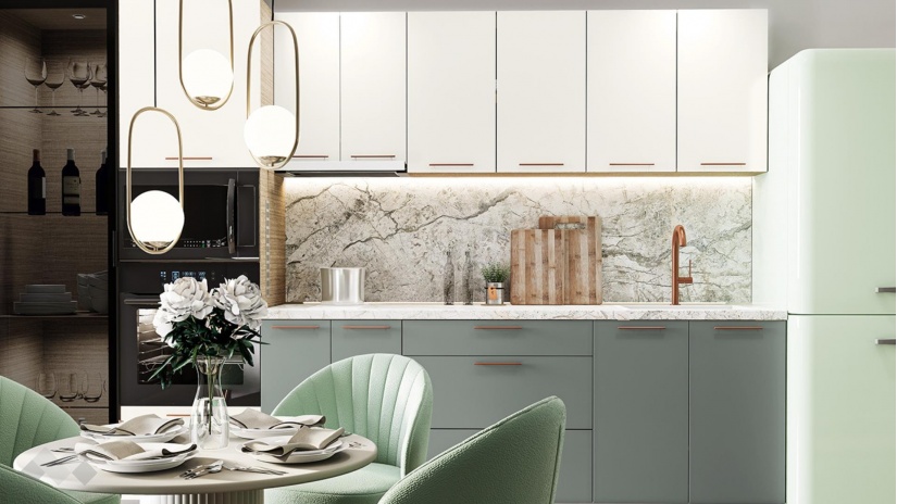 Кухня Сава олив мат с крийм гланц и мока - изглед 1 - МебелМаг Кухня Сава олив мат с крийм гланц и мока - изглед 1