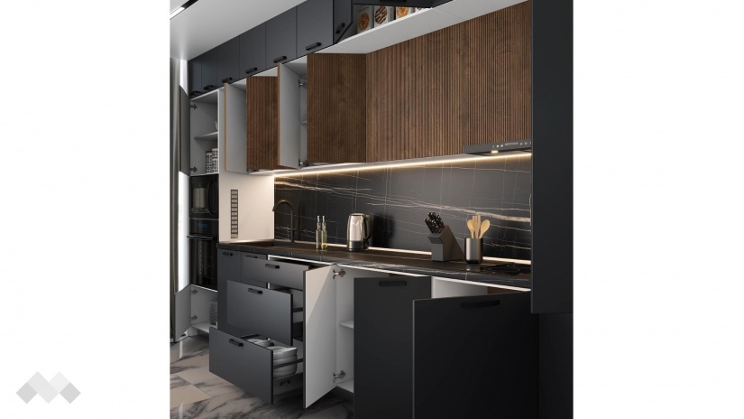 Кухня Занора прави карбон мат с дъб натурал и бяло гладко - изглед 2 - МебелМаг Кухня Занора прави карбон мат с дъб натурал и бяло гладко - изглед 2