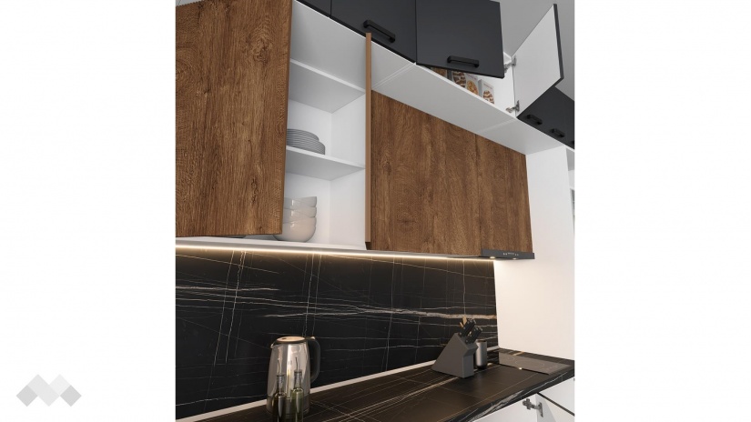 Кухня Занора прави карбон мат с дъб натурал и бяло гладко - изглед 3 - МебелМаг Кухня Занора прави карбон мат с дъб натурал и бяло гладко - изглед 3