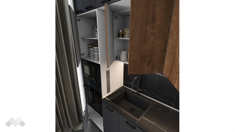 Кухня Занора прави карбон мат с дъб натурал и бяло гладко - изглед 4 - МебелМаг Кухня Занора прави карбон мат с дъб натурал и бяло гладко - изглед 4