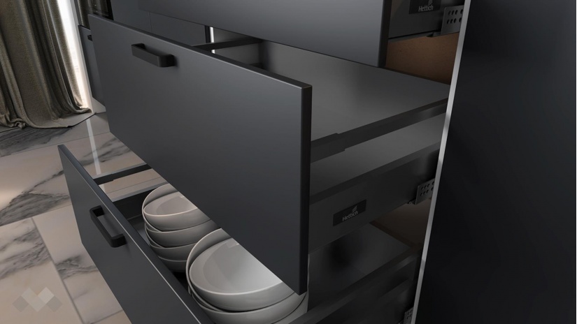 Кухня Занора прави карбон мат с дъб натурал и бяло гладко - изглед 5 - МебелМаг Кухня Занора прави карбон мат с дъб натурал и бяло гладко - изглед 5