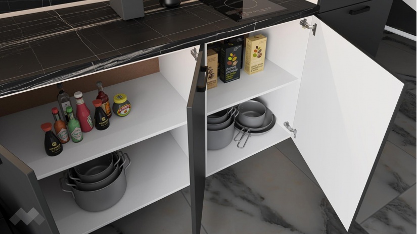 Кухня Занора прави карбон мат с дъб натурал и бяло гладко - изглед 6 - МебелМаг Кухня Занора прави карбон мат с дъб натурал и бяло гладко - изглед 6