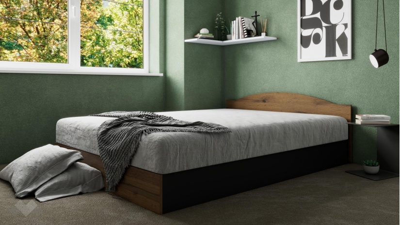 Легло 144/190 Хироу с включен матрак Бонел 144/190 дъб вотан с черно шагре - изглед 1 - МебелМаг Легло 144/190 Хироу с включен матрак Бонел 144/190 дъб вотан с черно шагре - изглед 1