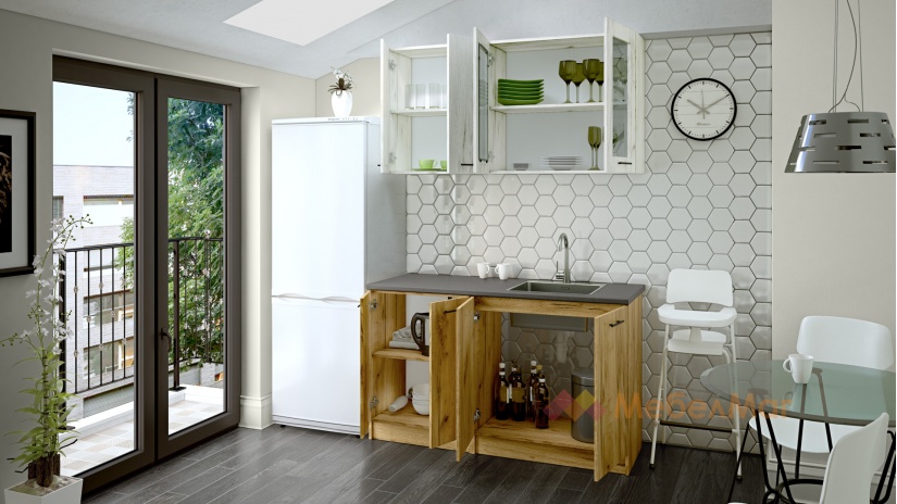 Кухня Никея 140 Н2 прави златен дъб с дъб крафт бял - изглед 2 - МебелМаг Кухня Никея 140 Н2 прави златен дъб с дъб крафт бял - изглед 2