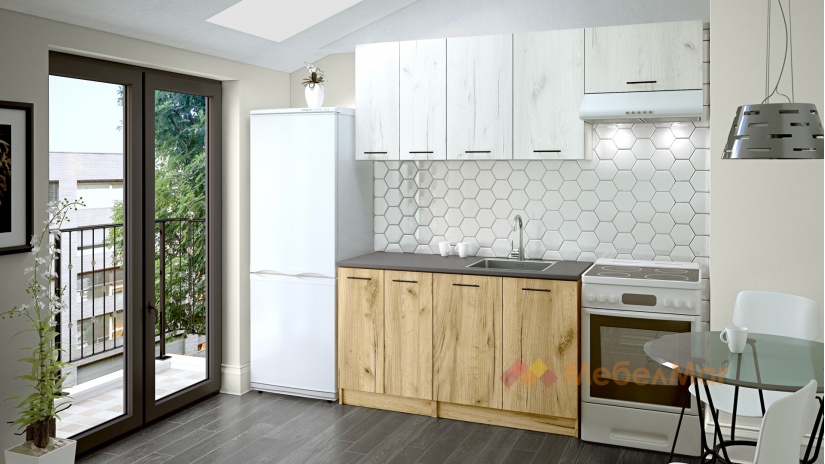 Кухня Никея 140 Н3 прави златен дъб с дъб крафт бял - изглед 1 - МебелМаг Кухня Никея 140 Н3 прави златен дъб с дъб крафт бял - изглед 1