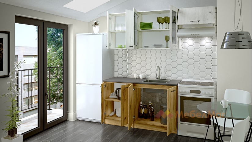 Кухня Никея 140 Н4 прави златен дъб с дъб крафт бял - изглед 2 - МебелМаг Кухня Никея 140 Н4 прави златен дъб с дъб крафт бял - изглед 2