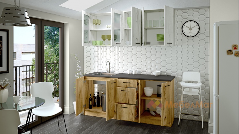 Кухня Никея 180 Н2 прави златен дъб с дъб крафт бял - изглед 2 - МебелМаг Кухня Никея 180 Н2 прави златен дъб с дъб крафт бял - изглед 2