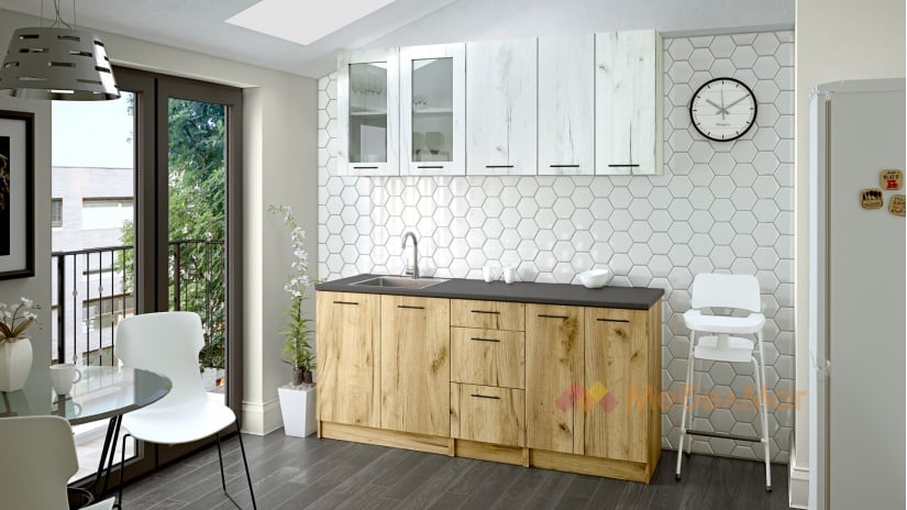 Кухня Никея 180 Н2 прави златен дъб с дъб крафт бял - изглед 1 - МебелМаг Кухня Никея 180 Н2 прави златен дъб с дъб крафт бял - изглед 1