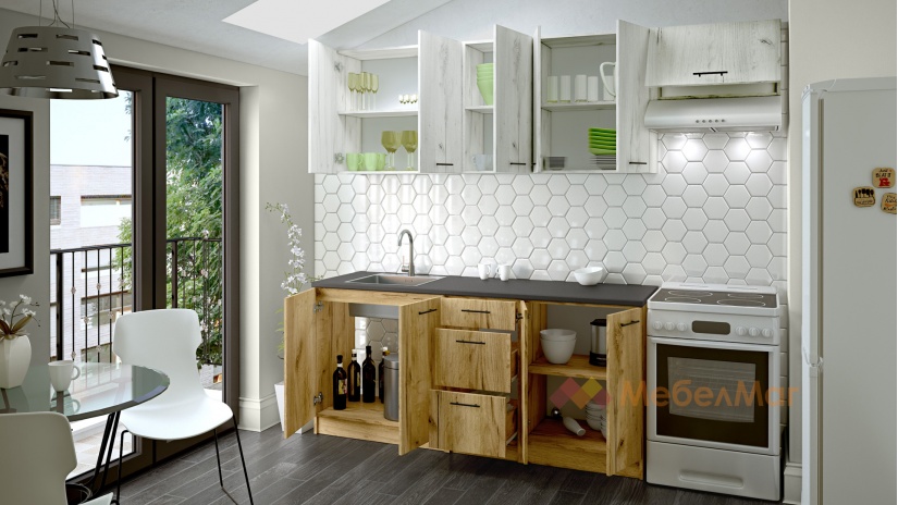 Кухня Никея 180 Н3 прави златен дъб с дъб крафт бял - изглед 2 - МебелМаг Кухня Никея 180 Н3 прави златен дъб с дъб крафт бял - изглед 2