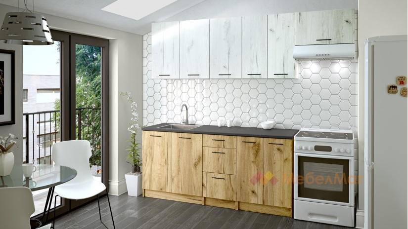 Кухня Никея 180 Н3 прави златен дъб с дъб крафт бял - изглед 1 - МебелМаг Кухня Никея 180 Н3 прави златен дъб с дъб крафт бял - изглед 1