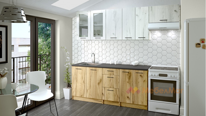 Кухня Никея 180 Н4 прави златен дъб с дъб крафт бял - изглед 1 - МебелМаг Кухня Никея 180 Н4 прави златен дъб с дъб крафт бял - изглед 1