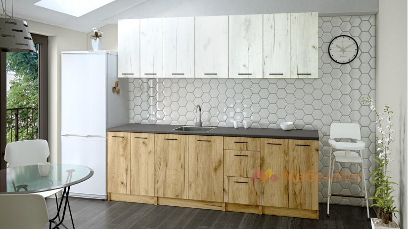 Кухня Никея 240 Н1 прави златен дъб с дъб крафт бял - изглед 1 - МебелМаг Кухня Никея 240 Н1 прави златен дъб с дъб крафт бял - изглед 1