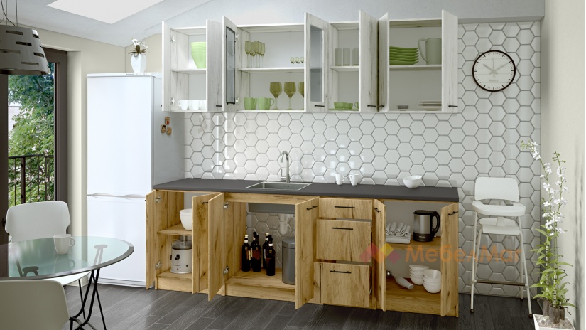 Кухня Никея 240 Н2 прави златен дъб с дъб крафт бял - изглед 2 - МебелМаг Кухня Никея 240 Н2 прави златен дъб с дъб крафт бял - изглед 2