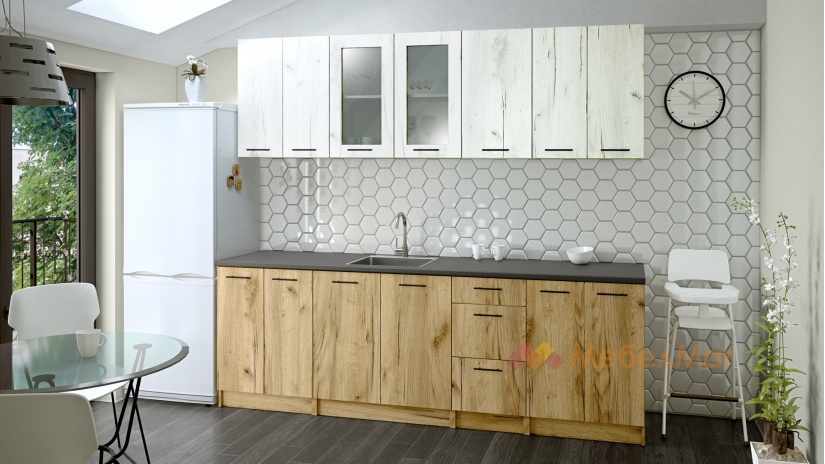 Кухня Никея 240 Н2 прави златен дъб с дъб крафт бял - изглед 1 - МебелМаг Кухня Никея 240 Н2 прави златен дъб с дъб крафт бял - изглед 1