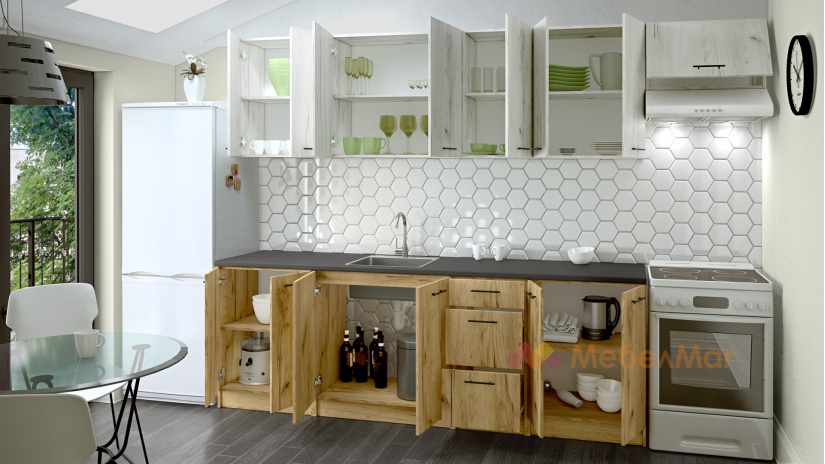 Кухня Никея 240 Н3 прави златен дъб с дъб крафт бял - изглед 2 - МебелМаг Кухня Никея 240 Н3 прави златен дъб с дъб крафт бял - изглед 2