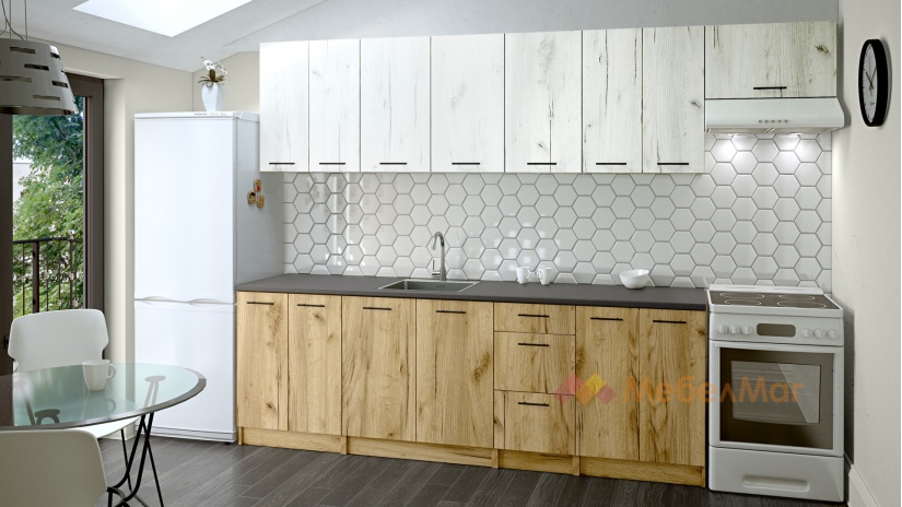 Кухня Никея 240 Н3 прави златен дъб с дъб крафт бял - изглед 1 - МебелМаг Кухня Никея 240 Н3 прави златен дъб с дъб крафт бял - изглед 1