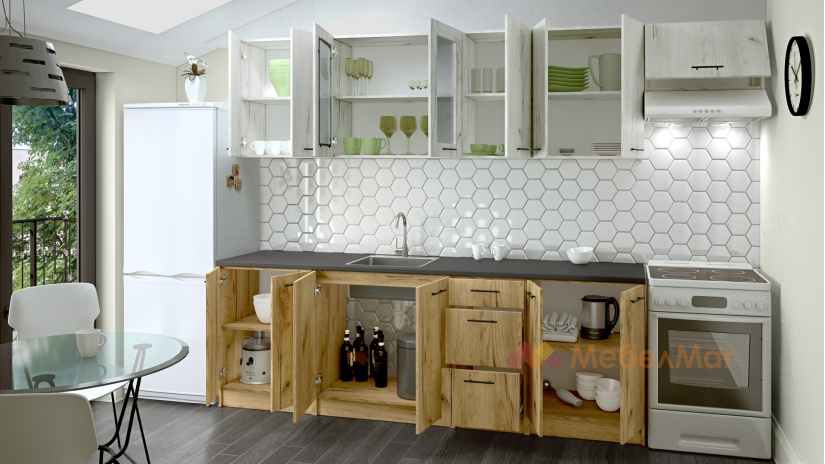 Кухня Никея 240 Н4 прави златен дъб с дъб крафт бял - изглед 2 - МебелМаг Кухня Никея 240 Н4 прави златен дъб с дъб крафт бял - изглед 2