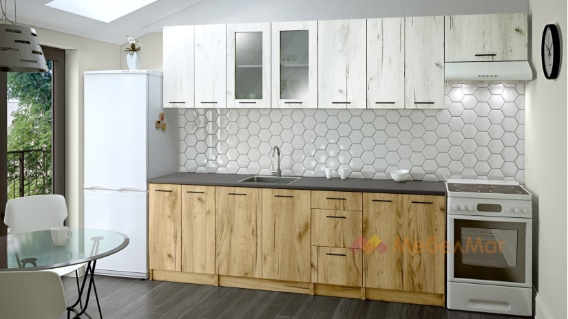 Кухня Никея 240 Н4 прави златен дъб с дъб крафт бял - изглед 1 - МебелМаг Кухня Никея 240 Н4 прави златен дъб с дъб крафт бял - изглед 1