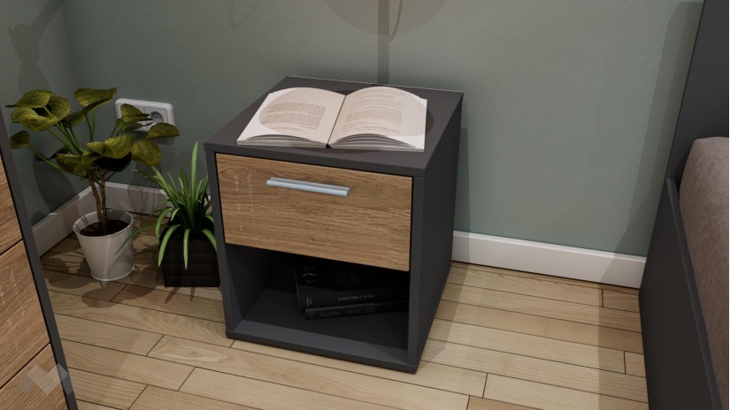 Нощен шкаф Жизел антрацит с дъб сонома - изглед 1 - МебелМаг Нощен шкаф Жизел антрацит с дъб сонома - изглед 1