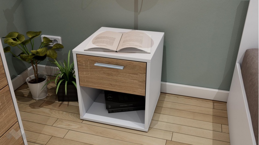 Нощен шкаф Жизел бяло гладко с дъб сонома - изглед 1 - МебелМаг Нощен шкаф Жизел бяло гладко с дъб сонома - изглед 1