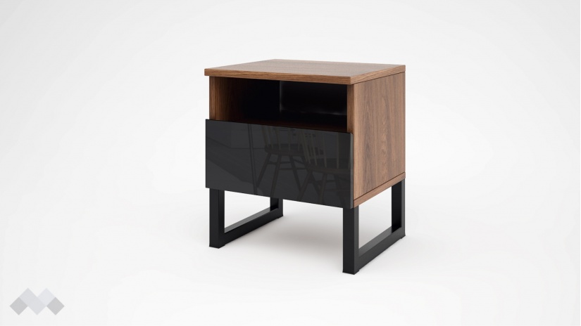 Нощен шкаф Лунар кастело коняк с черен гланц - изглед 1 - МебелМаг Нощен шкаф Лунар кастело коняк с черен гланц - изглед 1