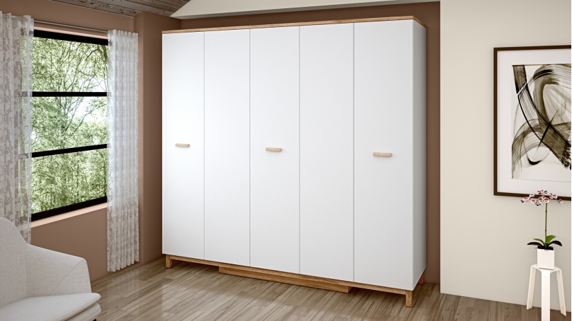 Гардероб Линда петкрилни бяло гладко с дъб кадис - изглед 1 - МебелМаг Гардероб Линда петкрилни бяло гладко с дъб кадис - изглед 1