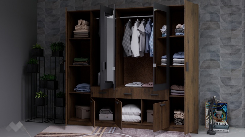 Гардероб Прайд петкрилни дъб вотан с черно шагре - изглед 2 - МебелМаг Гардероб Прайд петкрилни дъб вотан с черно шагре - изглед 2