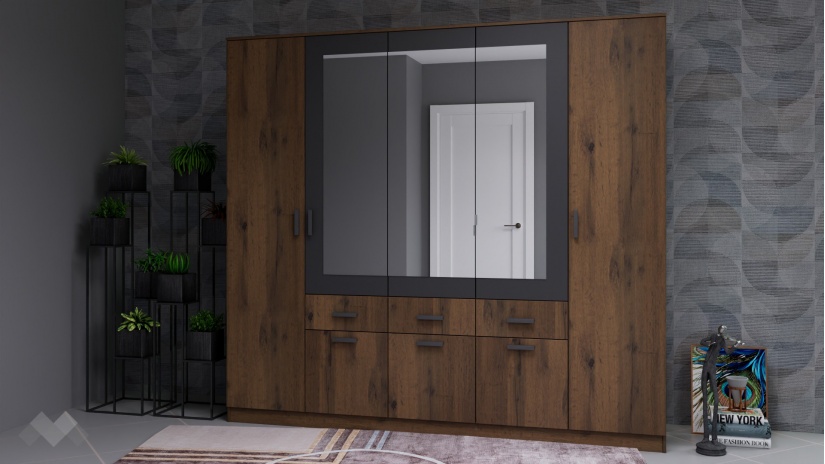 Гардероб Прайд петкрилни дъб вотан с черно шагре - изглед 1 - МебелМаг Гардероб Прайд петкрилни дъб вотан с черно шагре - изглед 1
