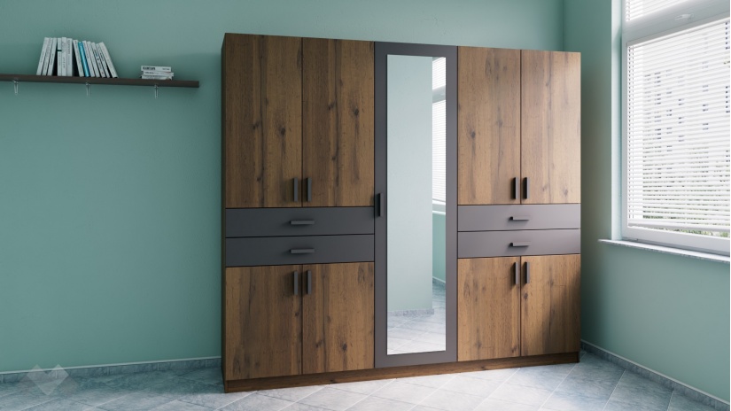 Гардероб Рос петкрилни дъб вотан с черно шагре - изглед 1 - МебелМаг Гардероб Рос петкрилни дъб вотан с черно шагре - изглед 1