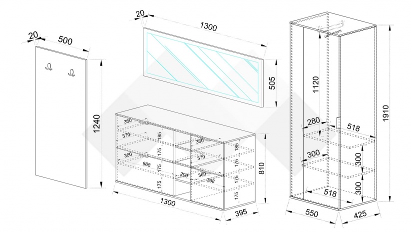 Портманто Поситано дъб дилън тъмен с капучино мат и пасифик - изглед 2 - МебелМаг Портманто Поситано дъб дилън тъмен с капучино мат и пасифик - изглед 2