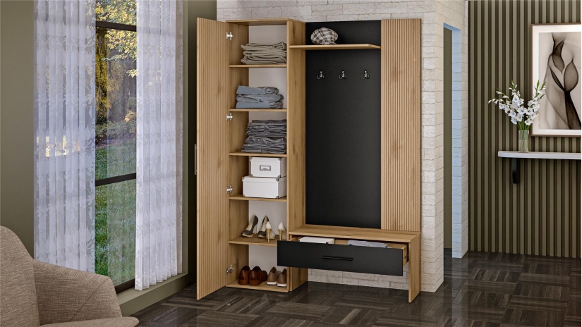 Портманто Ламела дъб канела с дъб ламела и черно шагре - изглед 2 - МебелМаг Портманто Ламела дъб канела с дъб ламела и черно шагре - изглед 2