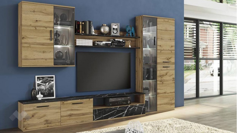 Секция Авелино модулни дъб дакота с мрамор - изглед 1 - МебелМаг Секция Авелино модулни дъб дакота с мрамор - изглед 1