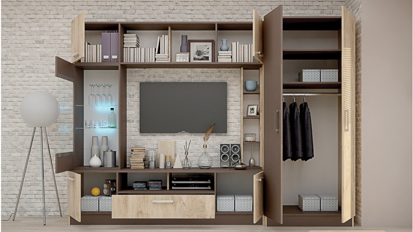 Секция Детройт с гардероб дъб елеганс с тъмно капучино - изглед 2 - МебелМаг Секция Детройт с гардероб дъб елеганс с тъмно капучино - изглед 2