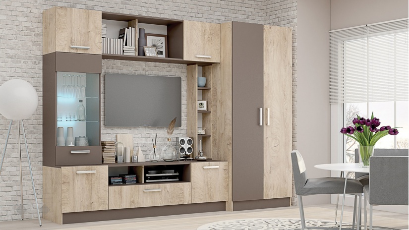 Секция Детройт с гардероб дъб елеганс с тъмно капучино - изглед 1 - МебелМаг Секция Детройт с гардероб дъб елеганс с тъмно капучино - изглед 1