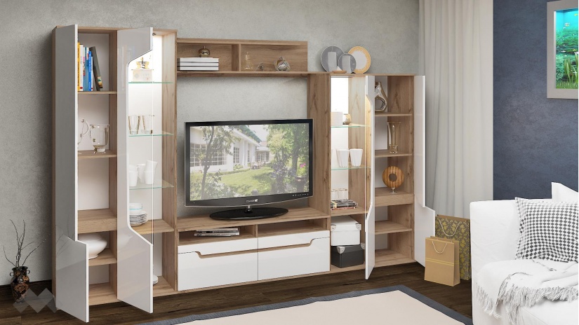 Секция Франческа с LED осветление бяло гланц с дъб дакота - изглед 2 - МебелМаг Секция Франческа с LED осветление бяло гланц с дъб дакота - изглед 2