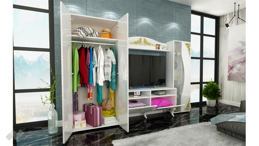 Секция Изабела с витрина бяло шагре с бял гланц - изглед 2 - МебелМаг Секция Изабела с витрина бяло шагре с бял гланц - изглед 2