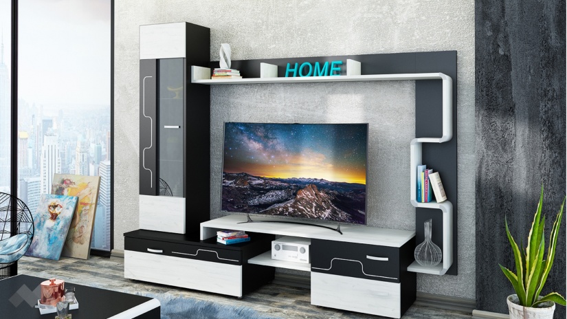 Секция Крафт с витрина черно шагре с дъб крафт бял - изглед 1