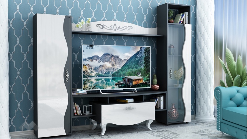 Секция Лукс с витрина черно и бяло гланц - изглед 2 - МебелМаг Секция Лукс с витрина черно и бяло гланц - изглед 2