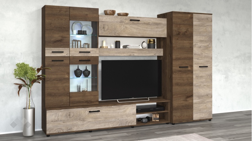 Секция Майли с LED осветление дъб бронз с дъб суров - изглед 1 - МебелМаг Секция Майли с LED осветление дъб бронз с дъб суров - изглед 1