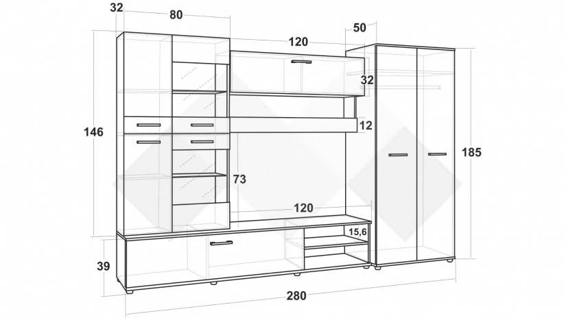 Секция Майли с LED осветление дъб сонома с дъб карбон - изглед 3