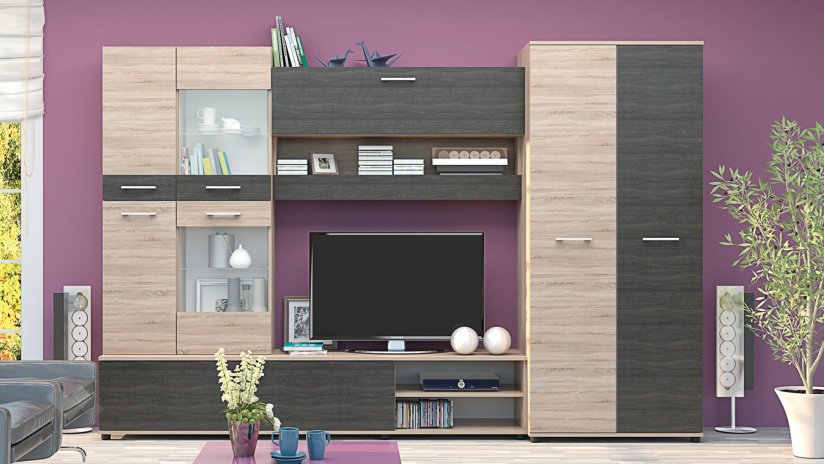 Секция Майли с LED осветление дъб сонома с дъб карбон - изглед 1