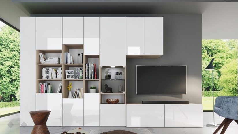 Секция Маверик с LED осветление сонома арвен с бяло гланц - изглед 1 - МебелМаг Секция Маверик с LED осветление сонома арвен с бяло гланц - изглед 1